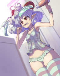 Rule 34 | armpits, breasts, brushing teeth, commentary request, curly hair, ear piercing, floral print, frilled panties, frills, goat horns, hair dryer, highres, holding, horn ornament, horn ribbon, horns, leggings, lingerie, navel, negligee, panties, piercing, pointy ears, red eyes, red horns, ribbon, sharp teeth, sheep, small breasts, striped clothes, striped legwear, striped thighhighs, syope, teeth, thighhighs, toothbrush, touhou, toutetsu yuuma, underwear, white hair, wide hips
