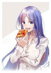 Rule 34 | 1girl, alternate costume, blue hair, bread slice, breasts, dress shirt, eating, food, highres, kantai collection, large breasts, long hair, looking at viewer, multicolored hair, one-hour drawing challenge, red hair, shirt, solo, south dakota (kancolle), streaked hair, toast, u yuz xx, upper body