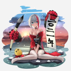 Rule 34 | 1girl, admiral graf spee (azur lane), azur lane, bare shoulders, between legs, blue eyes, blush, breasts, brush, choker, cleavage, cross, day, drawing on another&#039;s face, full body, gauntlets, hair between eyes, hand between legs, highres, iron cross, japanese clothes, kimono, knees together feet apart, legs, looking at viewer, manjuu (azur lane), medium breasts, multicolored hair, no bra, no shoes, off shoulder, osisio, outdoors, pantyhose, red hair, red kimono, short hair, silver hair, sitting, smile, snow, snowing, solo, streaked hair, sunset, two-tone hair, white pantyhose
