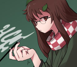 Rule 34 | 1girl, artist name, asutoro (s--t), blowing smoke, brown eyes, brown hair, checkered clothes, checkered scarf, commentary, futatsuiwa mamizou, futatsuiwa mamizou (human), green background, grey kimono, highres, holding, holding smoking pipe, japanese clothes, kimono, kiseru, leaf, leaf on head, leaning forward, long hair, long sleeves, looking at viewer, parted lips, red scarf, rimless eyewear, scarf, signature, simple background, smoke, smoking pipe, solo, touhou