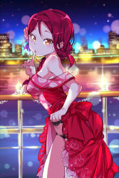 Rule 34 | 1girl, absurdres, alternate hairstyle, black panties, blurry, bokeh, bow, braid, breasts, clothes lift, depth of field, dress, dress lift, finger to mouth, floral print, flower, hair flower, hair ornament, hair over shoulder, harbor, highres, lifting own clothes, looking at viewer, love live!, love live! school idol festival, love live! sunshine!!, medium breasts, night, off-shoulder dress, off shoulder, outdoors, panties, pink flower, railing, red bow, red dress, red hair, sakurauchi riko, single braid, skyline, solo, sparkle, tem10, underwear, yellow eyes