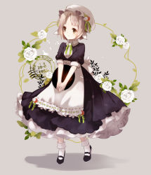 Rule 34 | 1girl, animal ears, apron, black dress, black footwear, blush, bobby socks, breasts, brown background, brown eyes, closed mouth, collared dress, commentary request, dress, ears down, flower, frilled apron, frills, green ribbon, hat, hat flower, highres, holding, holding tray, light brown hair, looking away, looking to the side, maid, mob cap, neck ribbon, original, postmark, puffy short sleeves, puffy sleeves, red flower, red rose, ribbon, ribbon-trimmed apron, ribbon trim, rose, shadow, shoes, short hair, short sleeves, small breasts, smile, socks, solo, standing, tray, v arms, white apron, white flower, white hat, white rose, white socks, yuzuyomogi