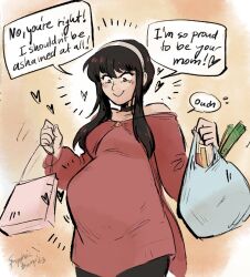Rule 34 | 1girl, bare shoulders, big belly, black hair, blush, breasts, earrings, gold earrings, hairband, highres, jewelry, large breasts, long hair, off-shoulder sweater, off shoulder, pregnant, red eyes, red sweater, sapphicbump, sidelocks, spy x family, sweater, white hairband, yor briar