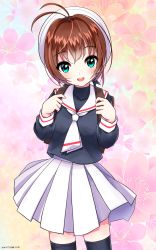 Rule 34 | 1girl, antenna hair, aqua eyes, artist name, backpack, bag, black thighhighs, blush, brown hair, cardcaptor sakura, cowboy shot, dated, floral background, highres, kinomoto sakura, long sleeves, looking at viewer, neckerchief, open mouth, pleated skirt, randoseru, school uniform, short hair, skirt, solo, thighhighs, white headwear, white skirt, yamaguchi yuu