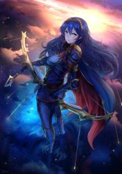 Rule 34 | 1girl, armor, arrow (projectile), blue armor, blue cape, blue eyes, blue hair, bow (weapon), cape, cloud, crown, fire emblem, fire emblem awakening, highres, ippers, long hair, looking at viewer, lucina (fire emblem), nintendo, shooting star, sky, star (sky), starry sky, sunrise, weapon