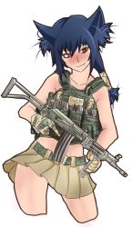 Rule 34 | 1girl, animal ears, armor, assault rifle, augustusrowan, blue hair, blush, closed eyes, cowboy shot, dog ears, fang, fang out, galil ar (upotte!!), gloves, gun, hair between eyes, hip sway, holding, holding gun, holding weapon, imi galil, long hair, looking at viewer, miniskirt, naked plate carrier, bulletproof vest, rifle, short hair, simple background, skirt, smile, standing, swaying, upotte!!, vertical forward grip, weapon, white background