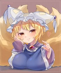 Rule 34 | 1girl, animal ears, animal hat, artist name, blonde hair, blush, breast rest, breasts, brown background, dress, fox ears, fox tail, hand on own cheek, hand on own face, hat, heart, highres, ibaraki natou, large breasts, long sleeves, looking at viewer, mob cap, multiple tails, mob cap, short hair, simple background, smile, solo, strap pull, tabard, tail, touhou, white dress, yakumo ran