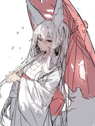 Rule 34 | 1girl, animal ear fluff, animal ears, closed mouth, commentary request, fox ears, fox girl, fox tail, hair between eyes, highres, holding, holding umbrella, japanese clothes, kimono, long hair, long sleeves, looking at viewer, obi, oil-paper umbrella, original, petals, pink umbrella, ponytail, red eyes, sash, simple background, sketch, smile, solo, tail, torn umbrella, umbrella, very long hair, white background, white hair, white kimono, wide sleeves, yuuji (yukimimi)