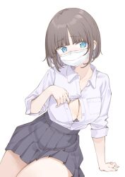 Rule 34 | 1girl, arm support, black skirt, blue eyes, bra, bra peek, breasts, brown hair, button gap, cleavage, collared shirt, colored inner hair, grey hair, highres, invisible chair, large breasts, looking at viewer, maigoyaki, mask, mouth mask, multicolored hair, original, parted bangs, partially unbuttoned, pleated skirt, shirt, shirt tucked in, short hair, simple background, sitting, skirt, sleeves rolled up, solo, two-tone hair, underwear, white background, white bra, white mask, white shirt