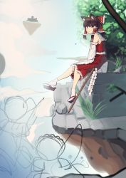 Rule 34 | 1girl, absurdres, animal ear fluff, animal ears, bare shoulders, boa (brianoa), bow, brown hair, cat ears, clog sandals, closed mouth, detached sleeves, floating island, from side, hair bow, hair tubes, hakurei reimu, highres, kemonomimi mode, long sleeves, looking at viewer, looking to the side, okobo, red bow, red skirt, red vest, sandals, short hair, skirt, socks, solo, touhou, unfinished, vest, white socks