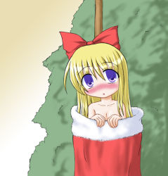 Rule 34 | 1girl, blush, brown background, christmas, christmas stocking, completely nude, female focus, inasaki shirau, lowres, nude, shanghai doll, simple background, solo, touhou, white background