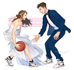 Rule 34 | 1boy, 1girl, ayako (slam dunk), bad id, bad twitter id, ball, basketball (object), black hair, blue jacket, blue pants, breasts, converse, couple, dress, earrings, flower, formal, hair flower, hair ornament, holding, holding ball, jacket, jewelry, korean commentary, leviejzn, long hair, looking at another, makeup, medium breasts, miyagi ryouta, open clothes, open jacket, open mouth, pants, shirt, shoes, short hair, simple background, slam dunk (series), smile, sneakers, stud earrings, suit, translation request, tuxedo, white background, white dress, white shirt