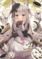 Rule 34 | 1girl, animal ears, apron, ascot, blush, brooch, brown eyes, cake, character request, commentary request, cookie, food, frilled apron, frills, goma (u p), grey hair, hair ornament, heart, heart in eye, highres, jewelry, long hair, looking at viewer, maid, maid apron, oreo, original, sandwich cookie, sitting, solo, symbol in eye, tail, two side up, very long hair, wing collar