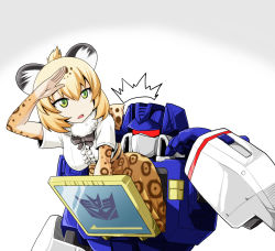 Rule 34 | 10s, 1girl, ^^^, all fours, animal ears, black bow, black bowtie, blonde hair, blouse, bow, bowtie, center frills, commentary request, crossover, decepticon, frills, green eyes, hair between eyes, highres, jaguar (kemono friends), jaguar ears, kamishima kanon, kemono friends, long skirt, looking away, name connection, parted lips, pun, shirt, short sleeves, skirt, soundwave (transformers), transformers, white shirt
