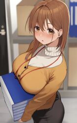 Rule 34 | 1girl, absurdres, black skirt, blush, breasts, brown eyes, brown hair, earrings, highres, indoors, jewelry, large breasts, long sleeves, looking at viewer, mole, mole under eye, office lady, ol-chan (udon), original, skirt, solo, sweater, turtleneck, turtleneck sweater, udon (udonalium)