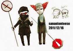 Rule 34 | !, ..., 2011, 4boys, bandages, bandana, clown, coat, colored skin, dated, deimos (madness combat), dongli gun qing, fingerless gloves, full body, gloves, goggles, green skin, hank j. wimbleton, madness combat, male focus, multiple boys, no smoking, red hair, road sign, sanford, sign, spoken ellipsis, standing, stop sign, sunglasses, tricky the clown, warning sign, welding mask