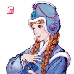 Rule 34 | 1girl, alternate costume, alternate eye color, alternate headwear, anna (frozen), beads, berry, berry print, blue bow, blue dress, blue headwear, bow, braid, disney, dress, embellished costume, frozen (disney), fruit pattern, fur collar, fur trim, hanbok, hand on own chest, jobawi, korea, korean clothes, korean traditional hat, long sleeves, open mouth, pink lips, princess, purple eyes, red hair, ribbon, solo, tassel, traditional clothes, traditional dress, twin braids, white background, winter, winter clothes, woohnayoung