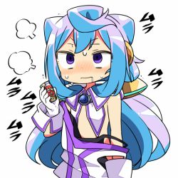 Rule 34 | 10s, 1boy, blue hair, blush, gloves, hacka doll, hacka doll 3, kanikama, long hair, lowres, male focus, off shoulder, purple eyes, simple background, solo, sweat, text focus, translation request, trap, white background, white gloves