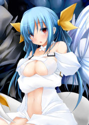 Rule 34 | 1girl, alternate color, arc system works, asymmetrical wings, bare shoulders, blue hair, blush, bow, breast hold, breasts, choker, cleavage, dd mayohara, dizzy (guilty gear), guilty gear, hair bow, large breasts, long hair, navel, necro (guilty gear), red eyes, ribbon, solo, tail, tail ornament, tail ribbon, thighhighs, twintails, underboob, undine (guilty gear), wings