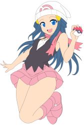 Rule 34 | 1girl, absurdres, artist request, blue eyes, blue hair, boots, breasts, creatures (company), dawn (pokemon), female focus, game freak, hat, highres, hip focus, legs, long hair, miniskirt, nintendo, no panties, poke ball, pokemon, pokemon (anime), pokemon dppt (anime), skirt, smile, solo, thighs, third-party edit, transparent background, vector trace