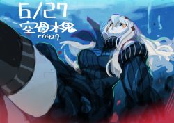 Rule 34 | 10s, 1girl, abyssal ship, aircraft carrier water oni, artist name, bare shoulders, black dress, black thighhighs, breasts, colored skin, dated, detached sleeves, dress, glowing, glowing eyes, gradient background, hair ornament, kantai collection, long hair, looking up, naro0427, orange eyes, pale skin, ribbed dress, sailor dress, short dress, solo, thighhighs, very long hair, white hair, white skin, zettai ryouiki