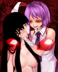 Rule 34 | 2girls, alternate hair length, alternate hairstyle, animal ears, aoshima, bandaged arm, bandaged neck, bandages, black hair, blood, blouse, blunt bangs, breasts, breasts apart, collared shirt, commentary request, completely nude, crazy eyes, crazy smile, empty eyes, eye contact, hair censor, hair over breasts, half-closed eyes, highres, houraisan kaguya, long hair, looking at another, multiple girls, nude, open mouth, parted lips, rabbit ears, red eyes, reisen udongein inaba, shirt, short hair, sleeveless, sleeveless shirt, smile, touhou, upper body, very long hair, white shirt