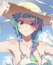Rule 34 | 1girl, alternate costume, alternate hairstyle, armpits, blue hair, blue sky, blunt bangs, bow, braid, breasts, closed mouth, cloud, day, gradient hair, green hair, hair over shoulder, hands on headwear, hands up, hat, highres, long hair, looking at viewer, multicolored hair, omega auru, outdoors, pink eyes, pretty series, single braid, sky, small breasts, solo, spaghetti strap, straw hat, sun hat, sweat, tsujii luki, upper body, waccha primagi!, white bow