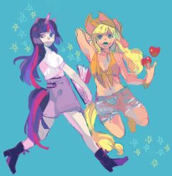 Rule 34 | 2girls, animal ears, apple, applejack, blue background, book, boots, food, fruit, full body, horns, jumping, long hair, low-tied long hair, matsusaka, midriff, multicolored hair, multiple girls, my little pony, my little pony: friendship is magic, personification, short shorts, shorts, single horn, skirt, star (symbol), twilight sparkle, two-tone hair, walking