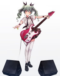 Rule 34 | 10s, 1girl, adapted costume, alternate legwear, anchovy (girls und panzer), bad id, bad pixiv id, belt, black footwear, black skirt, blush, carrying, dress shirt, drill hair, electric guitar, emblem, full body, girls und panzer, green hair, grin, guitar, hair ribbon, holding, instrument, loafers, long hair, looking at viewer, miniskirt, necktie, open collar, pleated skirt, plectrum, red eyes, ribbon, rorona s., school uniform, shirt, shoes, short sleeves, simple background, skirt, smile, solo, speaker, standing, twin drills, twintails, white background, white legwear, white shirt, wristband