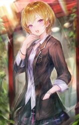 Rule 34 | 1girl, bismarcho, blonde hair, blurry, blurry background, bracelet, dress shirt, hand in pocket, highres, idolmaster, idolmaster shiny colors, jewelry, looking at viewer, open clothes, open mouth, plaid, plaid skirt, red eyes, saijo juri, school uniform, shirt, short hair, skirt, solo