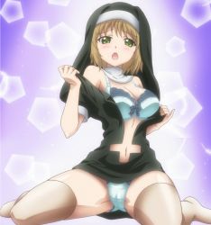 Rule 34 | 1girl, :o, anime screenshot, blue bra, blue panties, bra, breasts, brown hair, cameltoe, cleavage, cleavage cutout, clothing cutout, cross, green eyes, habit, highres, inverted cross, kurabu katsuyo, lingerie, navel cutout, nun, off shoulder, open clothes, open mouth, panties, r-15 (series), screen, screencap, sitting, solo, stitched, thighhighs, third-party edit, underwear, undressing, wariza