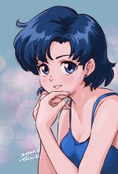 Rule 34 | 1girl, 2021, absurdres, bare shoulders, bishoujo senshi sailor moon, blue eyes, blue hair, blue nails, dated, earrings, hand to own mouth, highres, jewelry, light smile, looking at viewer, mizuno ami, nail polish, parted bangs, parted lips, short hair, signature, simple background, solo, stud earrings, tsunemoku, upper body