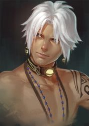 Rule 34 | 10s, 1boy, blue eyes, collar, dark skin, dark-skinned male, earrings, facial hair, final fantasy, final fantasy xiv, highres, hyur, jewelry, looking to the side, male focus, topless male, skyfiss, solo, stubble, tattoo, thancred, thancred waters, upper body, white hair