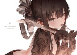 Rule 34 | 1girl, black hair, breasts, cleavage, copyright name, english text, fork, gloves, hands up, knife, lace, long hair, long sleeves, nordgreen, original, ryota (ry o ta), simple background, solo, upper body, utensil in mouth, watch, white background, wristwatch