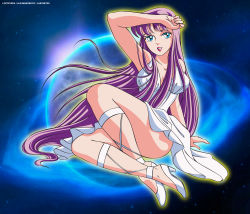 Rule 34 | 1girl, absurdres, ass, athena, blue eyes, breasts, dress, highres, kido saori, large breasts, legs, long hair, long image, looking at viewer, planet, purple hair, saint seiya, smile, solo, space, thighs, third-party edit, vector trace, very long hair, white dress