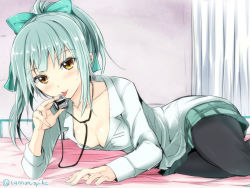 Rule 34 | 10s, 1girl, alternate costume, black pantyhose, blush, bow, breasts, brown eyes, cleavage, collarbone, doctor, gin&#039;ichi (akacia), green bow, green hair, grey hair, hair bow, kantai collection, long sleeves, looking at viewer, lying, no bra, on side, pantyhose, ponytail, small breasts, solo, stethoscope, tongue, tongue out, twitter username, yuubari (kancolle)