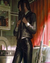 Rule 34 | 1girl, absurdres, anti-materiel rifle, barrett m82, bipod, black hair, black jacket, black necktie, black pants, broken mirror, cigarette, closed mouth, collared shirt, earrings, eyebrows hidden by hair, gun, guweiz, highres, indoors, jacket, jewelry, long hair, long sleeves, looking away, mirror, mouth hold, necktie, open clothes, open jacket, original, pants, profile, reflection, rifle, scope, shirt, sniper rifle, solo, suitcase, thick eyebrows, tie clip, weapon, white shirt