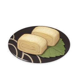 Rule 34 | artist request, commentary, english commentary, food, food focus, game cg, genshin impact, leaf, lowres, muted color, no humans, official art, omelet, plate, simple background, still life, tamagoyaki, third-party source, transparent background