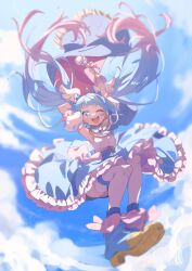 Rule 34 | 1girl, ;d, absurdres, blue cape, blue eyes, blue hair, blue sky, brooch, cape, cloud, cloudy sky, commentary, cure sky, cut bangs, day, detached sleeves, dress, earrings, facing viewer, falling, frilled dress, frills, gloves, highres, hirogaru sky! precure, jewelry, long hair, magical girl, multicolored hair, one eye closed, open mouth, paru rari, precure, puffy detached sleeves, puffy sleeves, sky, sky mirage, smile, sora harewataru, streaked hair, symbol-only commentary, thighhighs, twintails, two-sided cape, two-sided fabric, white gloves, wing brooch, wing hair ornament