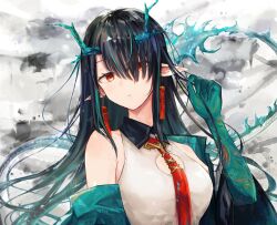 Rule 34 | 1girl, aqua skin, arknights, bare shoulders, black hair, closed mouth, dragon horns, dragon tail, dusk (arknights), hand up, horns, ink, long hair, looking at viewer, multicolored hair, neck tassel, pointy ears, red eyes, solo, streaked hair, tail, upper body, very long hair, york0pm