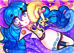 Rule 34 | 1girl, alternate costume, blue eyes, blue hair, bow, bracelet, hair between eyes, hair bow, hand fan, holding, holding fan, jewelry, long hair, open mouth, patterned clothing, purple bow, ring, skirt, solo, thepiratedoge, touhou, very long hair, wide sleeves, yorigami shion