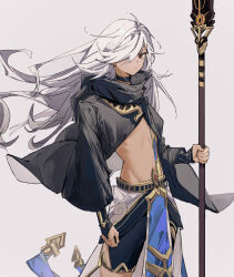 Rule 34 | 1boy, absurdres, androgynous, arabian clothes, black choker, choker, closed mouth, cyno (genshin impact), dark-skinned male, dark skin, genshin impact, gyphila1, hair over one eye, highres, holding, holding polearm, holding weapon, long hair, long sleeves, looking at viewer, male focus, polearm, red eyes, solo, staff of the scarlet sands (genshin impact), tan, trap, very long hair, weapon, white hair, wide sleeves
