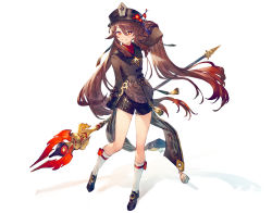 Rule 34 | 1girl, arm up, benitama, black hat, black shorts, brown hair, chinese clothes, commentary, flower, full body, genshin impact, hand in own hair, hat, hat flower, highres, holding, holding weapon, hu tao (genshin impact), long hair, long sleeves, looking at viewer, multicolored hair, polearm, red eyes, red hair, shorts, simple background, smile, solo, staff of homa (genshin impact), standing, symbol-shaped pupils, tailcoat, top hat, twintails, two-tone hair, weapon, white background