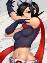 Rule 34 | 1girl, bare shoulders, belt, black eyes, black hair, breasts, brown eyes, fumio (rsqkr), gloves, groin, impossible clothes, impossible shirt, may lee, midriff, navel, raised eyebrow, scarf, shirt, short hair, skin tight, snk, solo, spandex, the king of fighters, tight clothes