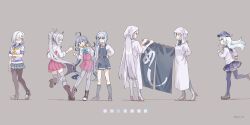 Rule 34 | 6+girls, ahoge, apron, artist name, asashimo (kancolle), asashimo kai ni (kancolle), banner, belt, boots, bow, bowtie, cape, detached sleeves, dress, expressions, fuyutsuki (kancolle), gloves, grey hair, halter dress, halterneck, hamakaze (kancolle), hibiki (kancolle), high heel boots, high heels, highres, holding, holding own arm, kantai collection, kasumi (kancolle), kasumi kai ni (kancolle), kiyoshimo (kancolle), leggings, long hair, looking at another, looking back, military, military uniform, miniskirt, multiple girls, multiple persona, necktie, pantyhose, ponytail, running, school uniform, serafuku, shadow, short hair, side ponytail, skirt, sugue tettou, suzutsuki (kancolle), thighhighs, twitter username, uniform, very long hair, white dress, white gloves