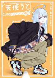 Rule 34 | 1girl, alternate costume, amatsuka uto, beige pants, black jacket, commentary, english commentary, eyebrows hidden by hair, fashion, hair ornament, hairclip, head tilt, highres, indie virtual youtuber, jacket, khoa, open hand, orange background, plaid, plaid shirt, print shirt, shirt, sleeves past wrists, smile, solo, squatting, streetwear, t-shirt, virtual youtuber, wing hair ornament
