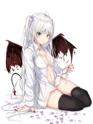 Rule 34 | 1girl, absurdres, ahoge, arm support, black thighhighs, breasts, cleavage, closed mouth, collarbone, collared shirt, commentary request, demon girl, demon tail, demon wings, fang, fingernails, flower, hair ornament, highres, long hair, long sleeves, looking at viewer, medium breasts, na kyo, naked shirt, navel, original, purple flower, red eyes, sharp fingernails, shirt, sidelocks, simple background, sitting, smile, solo, tail, thighhighs, two side up, very long hair, white background, white hair, white shirt, wings, yokozuwari