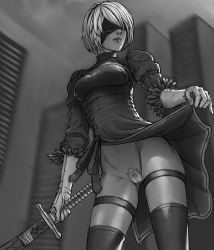 Rule 34 | 1girl, absurdres, android, black dress, black thighhighs, blindfold, cleavage cutout, clothing cutout, dress, gloves, highres, holding, holding weapon, juliet sleeves, long sleeves, mole, mole under mouth, monochrome, nier:automata, nier (series), no panties, puffy sleeves, short hair, silver hair, solo, square enix, standing, swept bangs, sword, tagme, thighhighs, upskirt, weapon, 2b (nier:automata)