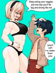 Rule 34 | 1boy, 1girl, abs, absurdres, angry, ass, bare arms, bare legs, biceps, black nails, black panties, black sports bra, blonde hair, blue eyes, blue hair, blush, breasts, dark blue hair, english text, friends, hairband, hand on another&#039;s head, hand on own hip, headpat, height difference, highres, hood, hoodie, large breasts, long eyelashes, looking at another, looking down, looking up, mmmalice, muscular, muscular female, naughty face, open clothes, open hoodie, original, pale skin, panties, pants, quads, red pants, short hair, short male, speech bubble, sports bra, tall female, teasing, thick thighs, thighs, underwear, wristband