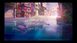 Rule 34 | afloat, afloat leaves, building, cart, city, cloud, cloudy sky, flag, flagpole, food, highres, lamp, leaf, league of legends, no humans, noodles, petals, ramen, reflection, reflective water, revilo o, road, scenery, sign, sky, star guardian (league of legends), sunset, tree, water